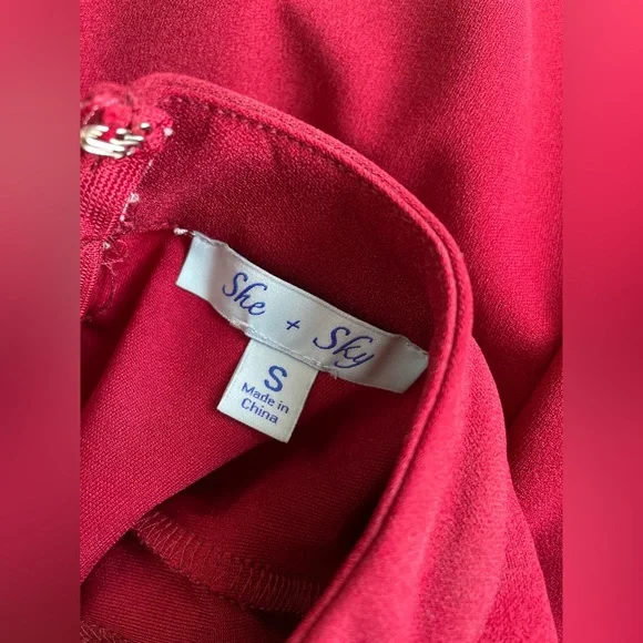 She + Sky Red Wine Dress Flair Ruffle Sleeves - Picture 5 of 7